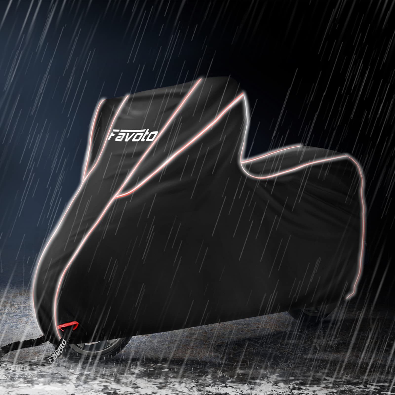 Favoto Waterproof Motorcycle Cover 300D Oxford with PU Coating, Rain Snow Dust Wind Resistant Outdoor Protection, Reflective Strips, Fits Motorbikes up to 104 inch / 265 cm, Red