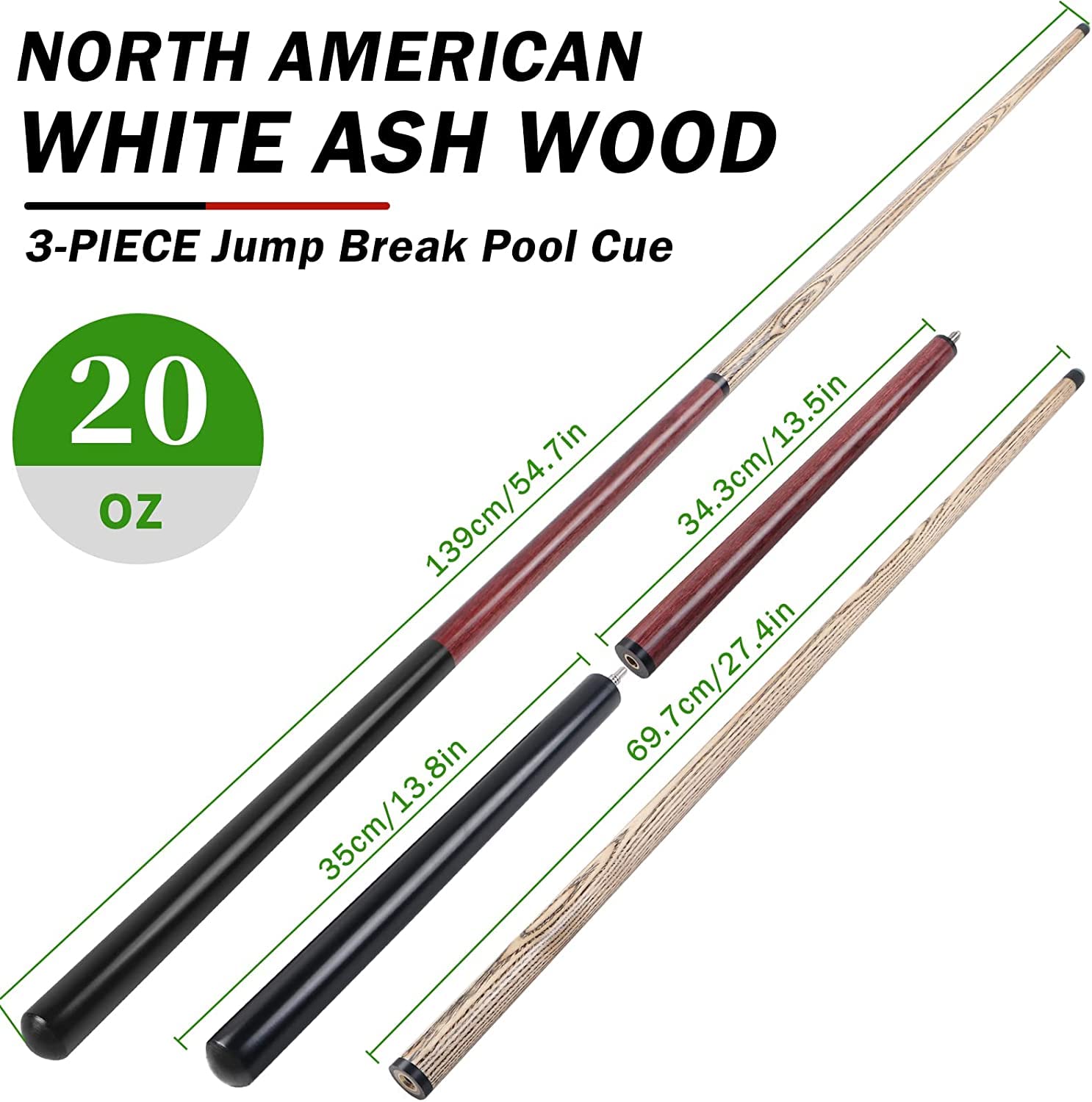 Aklot Pool Cue, Heavy Hitter Jump Break Cue 20oz 1 Piece Pool Stick 14mm Bakelite Tip for Explosive Breaks and Effortless Jumps