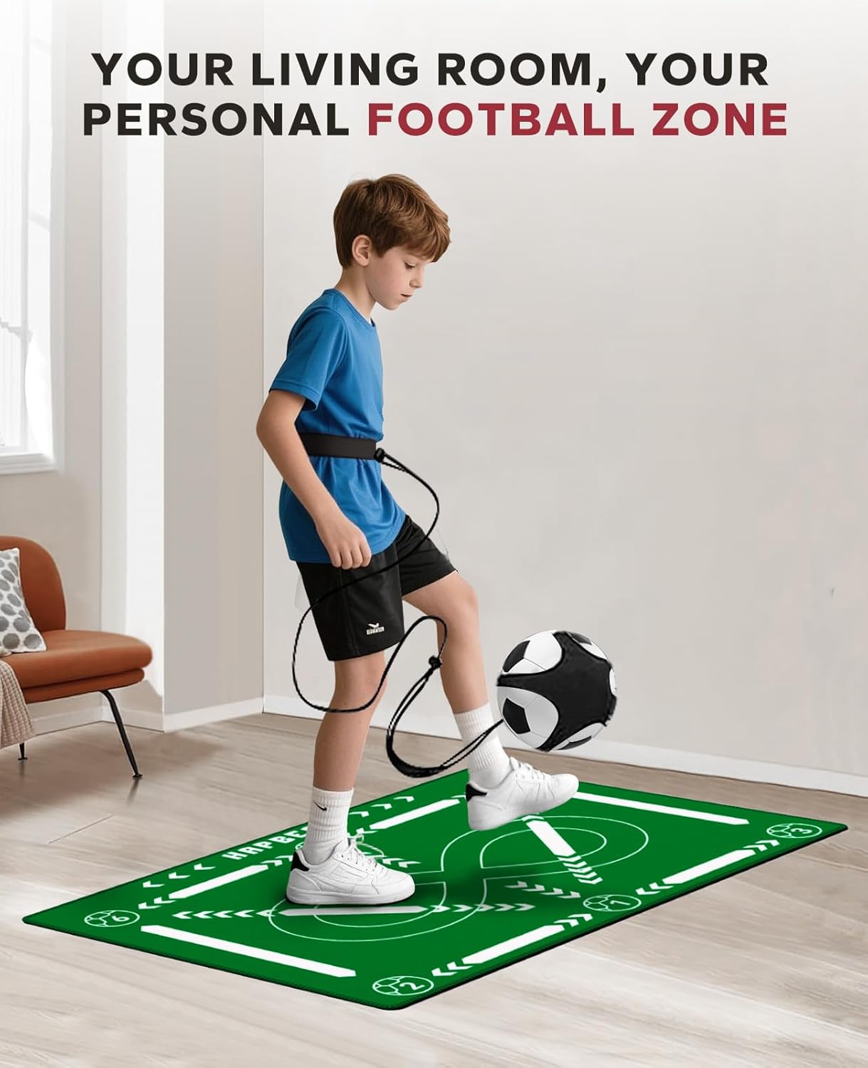 HAPBEAR Football Training Mat – 0.5 cm Thick Anti-Slip, No-Curl Football Mastery Mat with Free Juggling Belt, Resistance Bands, Storage Bag & Workout Guide | Ideal Football Gift for Boys & Kids
