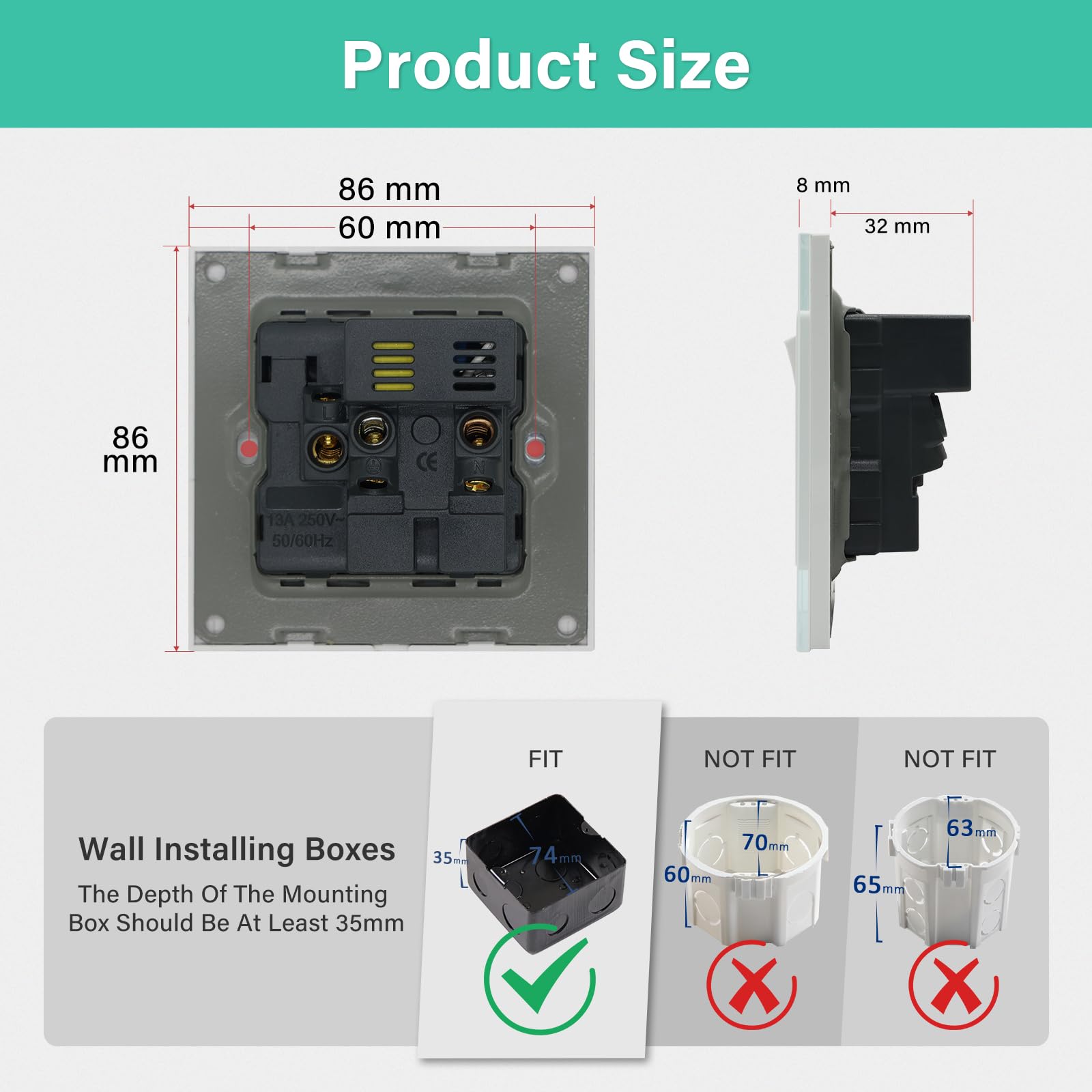 BSEED Double Socket 13A with LED Indicator, Double Switched Wall Socket 2 Gang UK Standard, Electric Switched Plug Power Wall Outlet with Glass Panel, Grey