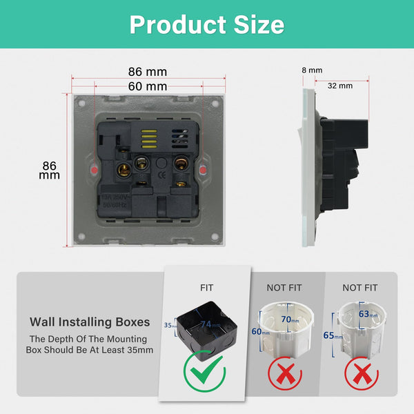 BSEED Double Socket 13A with LED Indicator, Double Switched Wall Socket 2 Gang UK Standard, Electric Switched Plug Power Wall Outlet with Glass Panel, Grey
