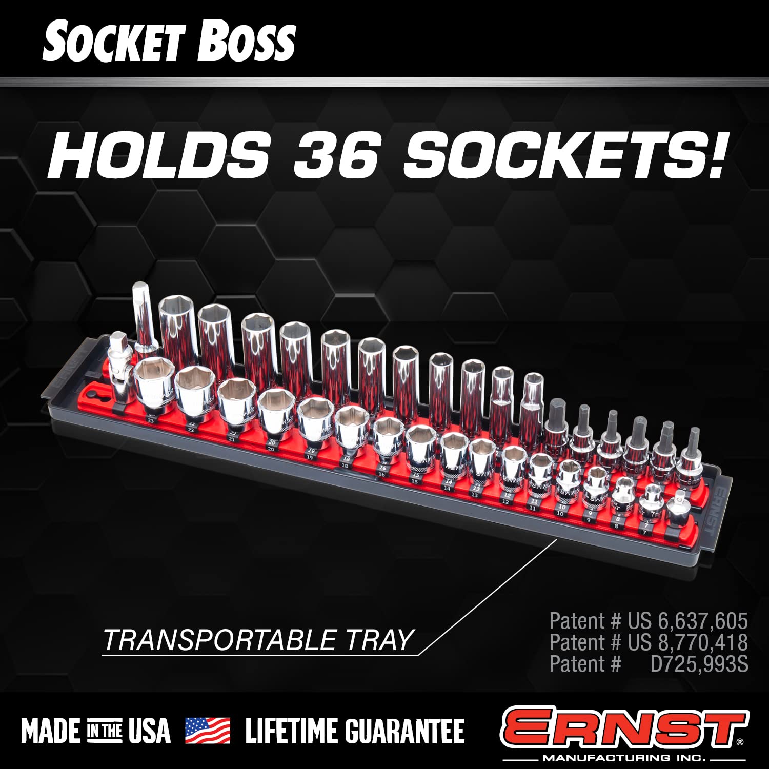 Ernst Manufacturing - 8453 Socket Boss 2-Rail 3/8-Inch-Drive Socket Organizer, 19-Inch, Red - Socket Storage Tray and Organization System for Mechanics and Automotive Service Technicians