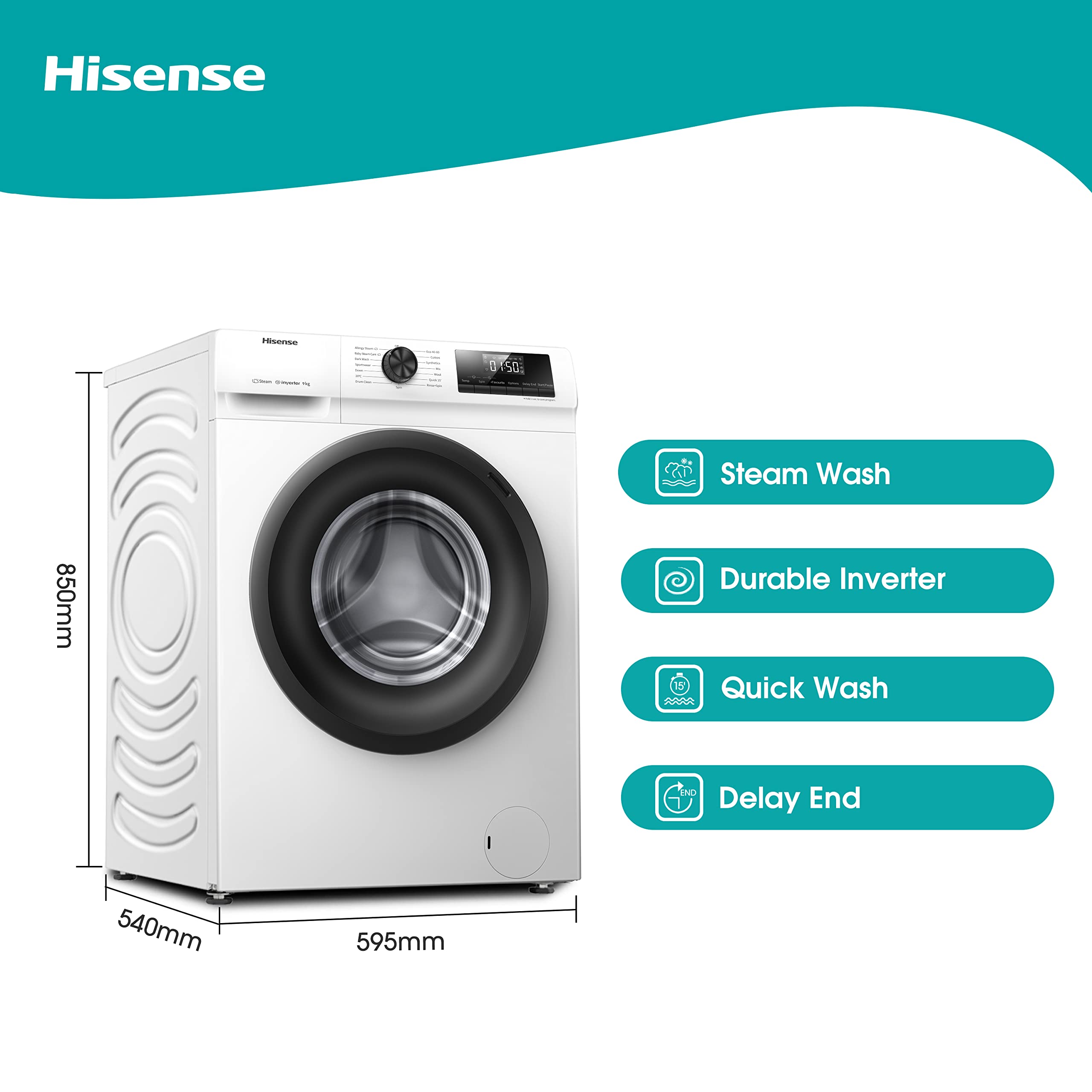 Hisense 3 Series WFQA9014EVJM Freestanding 9 KG Front Load Washing Durable Inverter Machine Steam Wash Quick Wash 15 Washing Programs 1400 RPM White- Energy Rating A
