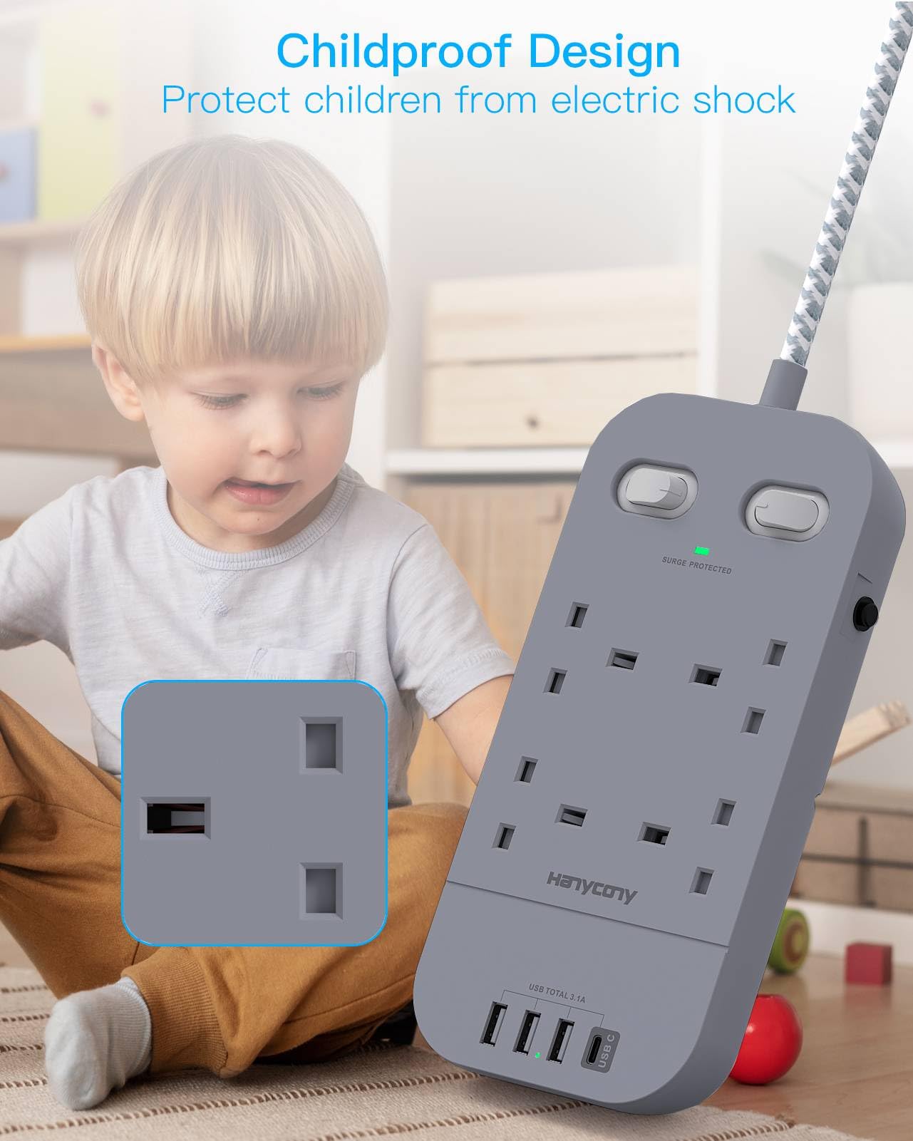 4 Way Surge Protected Extension Lead with USB Slots, HANYCONY Extension Cable with Double Switches, Plug Extension Socket 1.8M Braided Extension Cord for Home Office Accessories, Gray