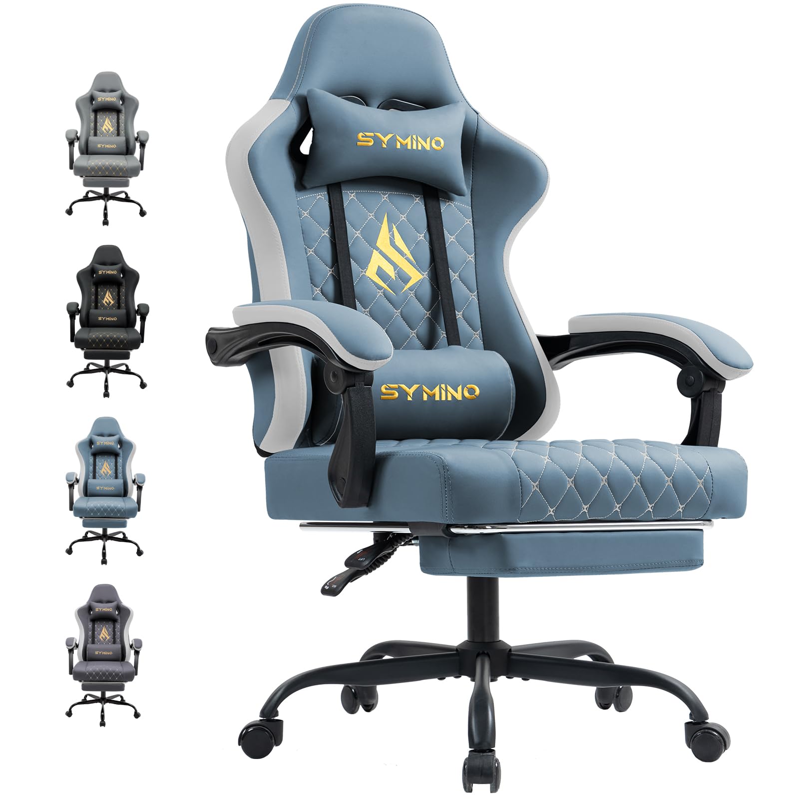 Symino Gaming Chair with Footrest, Computer Ergonomic Video Game Chair, Adjustable Swivel Task Chair with Lumbar Support, PC Chair, Office Chair PU Leather, Grey&White