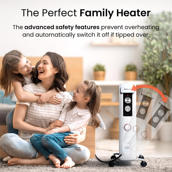 Pro Breeze Oil Filled Radiator with 11 Fins - Slim Electric Radiator - Portable Oil Heater with Built-in 24 Hour Timer, 3 Heat Settings, Adjustable Thermostat (White)
