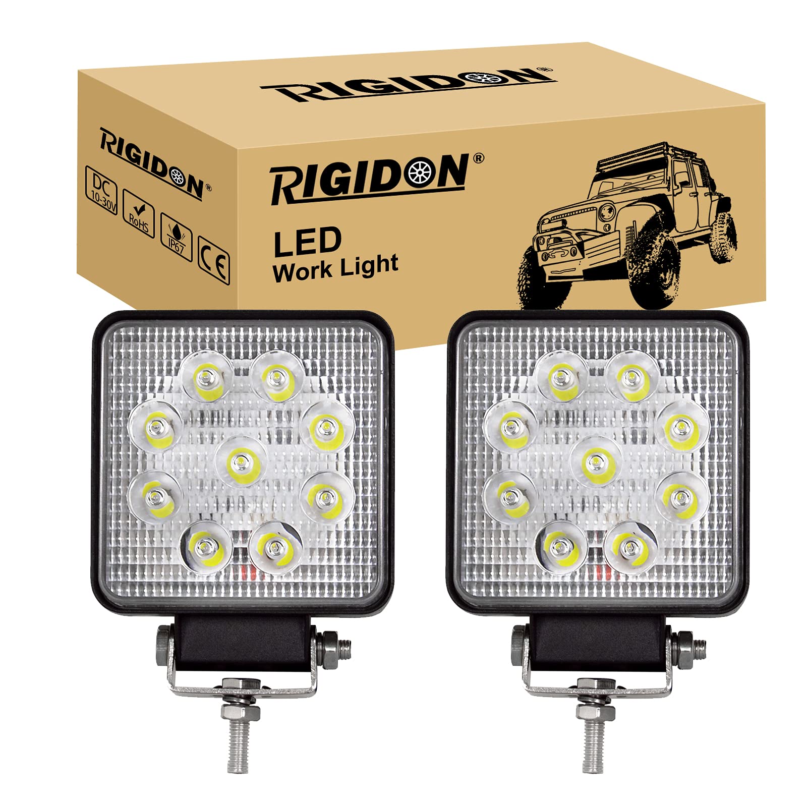 RIGIDON 2 Pcs Square Led Work Light, 4 inch 48W Spot Beam, 12V 24V Driving Lights Lamp for Car Off road Boat Truck 4x4 SUV ATV Tractors Excavator, 6000K White, Fog Lamp