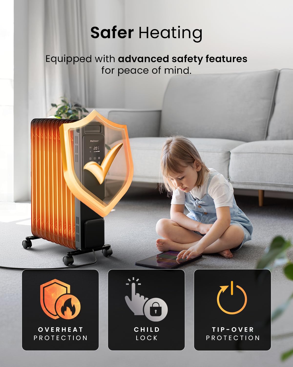 Pro Breeze Smart 2500W 11 Fin Oil Filled Radiator with Digital Display and WiFi Smart App, Thermostat, 24Hr Timer, 3 Heat Modes, Child Lock, Overheat & Tip-Over Protection Oil heater for Home - Black