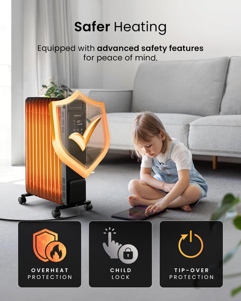 Pro Breeze Smart 2500W 11 Fin Oil Filled Radiator with Digital Display and WiFi Smart App, Thermostat, 24Hr Timer, 3 Heat Modes, Child Lock, Overheat & Tip-Over Protection Oil heater for Home - Black