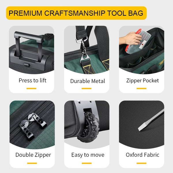WINHUNT 22'' Rolling Tool Bag with Wheels, Adjustable Telescopic Handle Tool Bag Trolley Wide Mouth Storage Organizer, Green