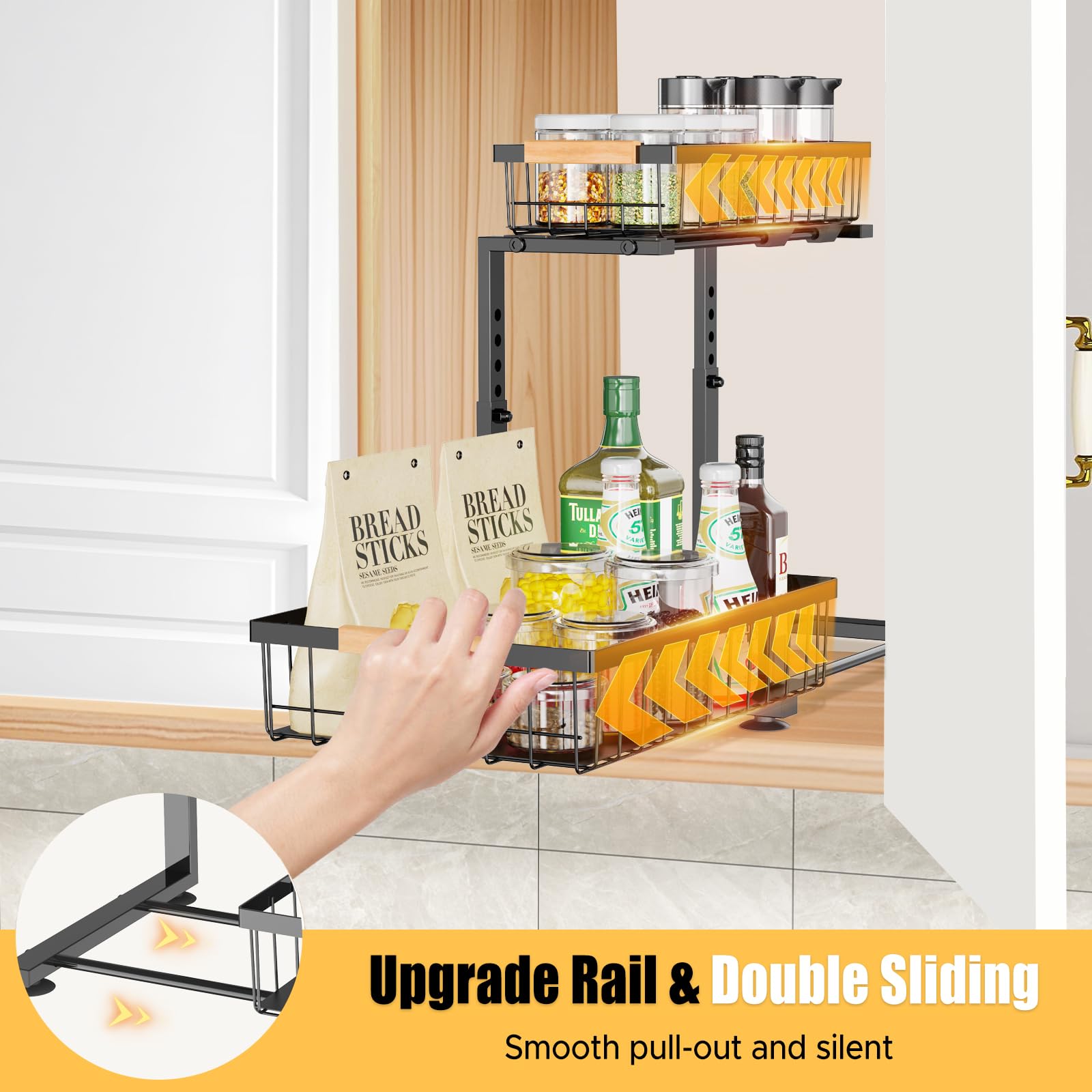 homicozy 2 Pack Under Sink Storage, 2 Tier Metal Under Sink Cabinet Organiser with 8 Hooks & 2 Cups, Height Adjustable Kitchen Storage &