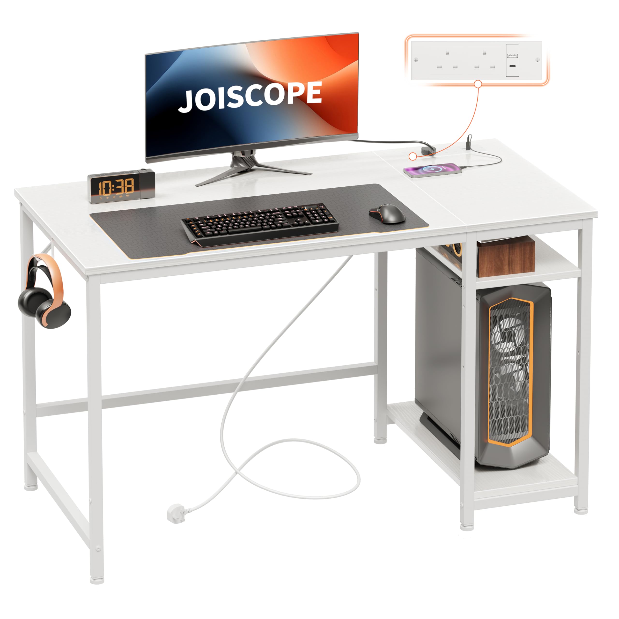 JOISCOPE Computer Desk, 120cm White Desk with USB Outlets and Type-C Charging Port and Shelves, Gaming Desk with Headphone Hook, Small Desk for Study,