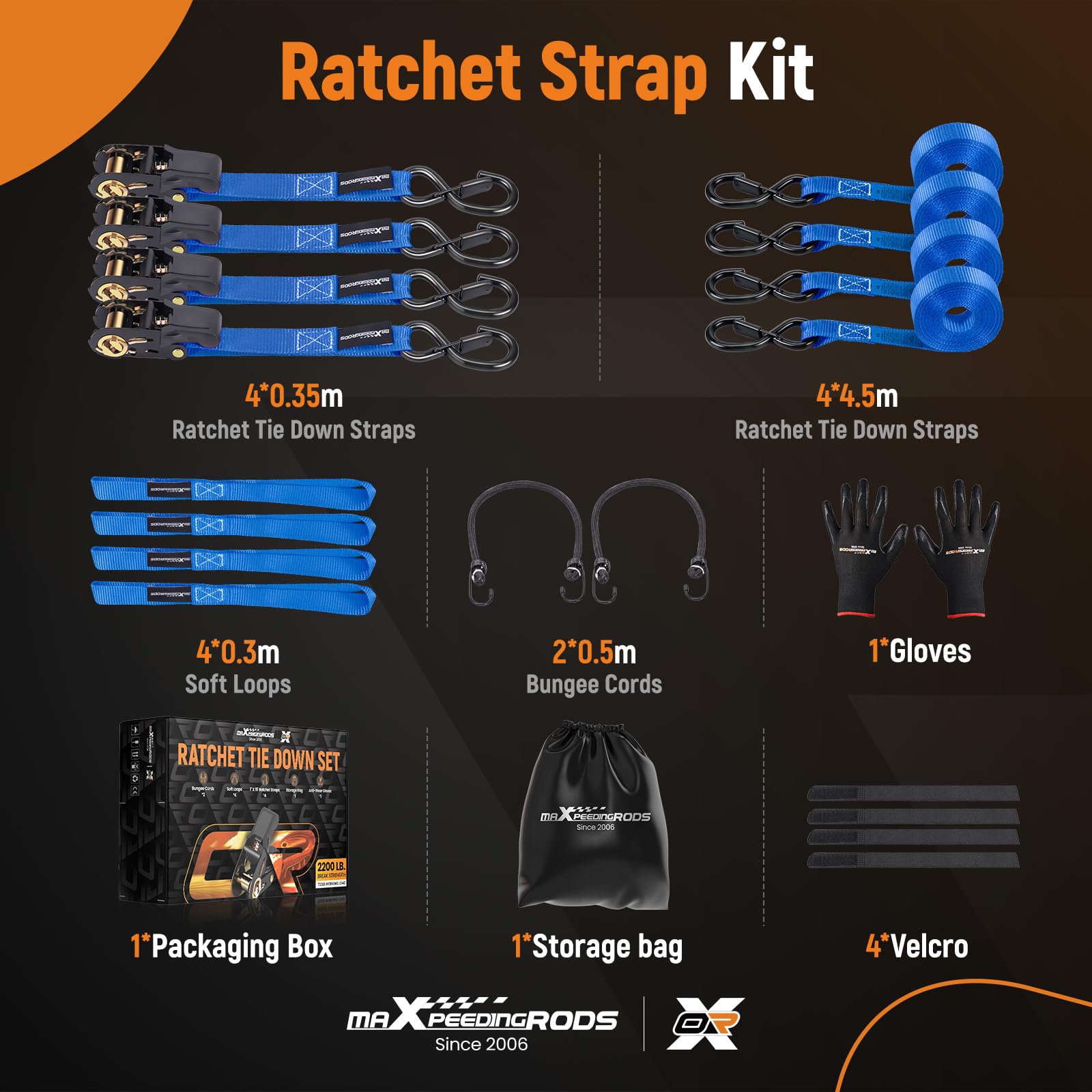 maXpeedingrods 4x 997kg Tie Down Straps 15ft (4.5m), Ratchet Straps 2200lb, Lashing Straps 25mm, Straps with safety clip S-hooks, motorcycle tie down straps, EN 12195-2 - Blue