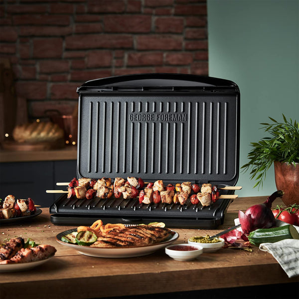 George Foreman Large Electric Fit Grill [Non stick, Healthy, Griddle, Toastie, Hot plate, Panini, BBQ, Energy saving, Vertical storage, Easy clean, Drip tray, Ready to cook light] Black, 2400W 25820