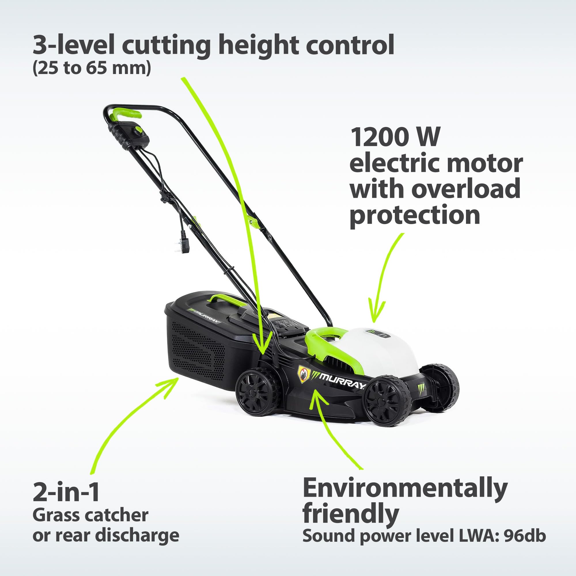 Murray Corded Electric Lawnmower 2-in-1 - Compact Lawn Mower 1200W/32cm with Grass Box 27L for Small Lawns - Ergonomic Soft Grip for Easy Grass Cutting, Overload Protection
