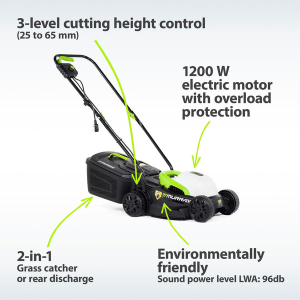 Murray Corded Electric Lawnmower 2-in-1 - Compact Lawn Mower 1200W/32cm with Grass Box 27L for Small Lawns - Ergonomic Soft Grip for Easy Grass Cutting, Overload Protection