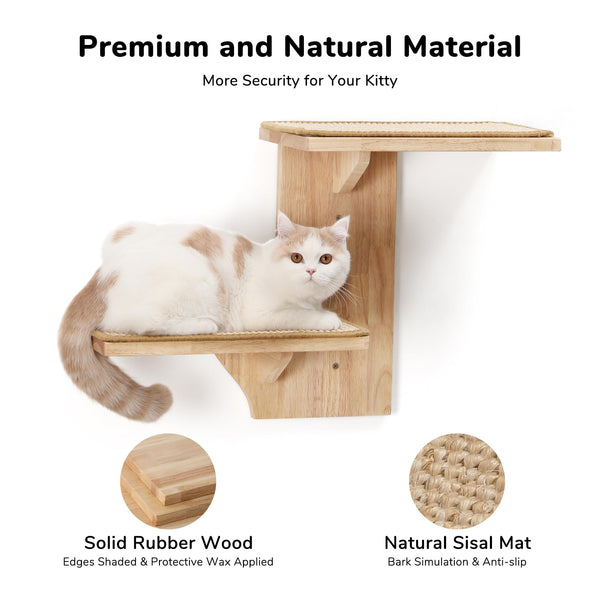 FUKUMARU Cat Wall Shelves, 2 Platform Wall-Mounted Furniture, Tree Shape Floating Shelf With Sisal Mat, Solid Rubber Wood Perch for 16 Inch Drywall,