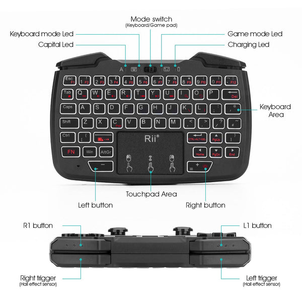 Rii RK707 Mini Keyboard and Mouse Combo with Trackpad, Media Keyboard Mouse with Game Controller, 62-Key Rechargeable Backlit Turbo Vibration for PC/Raspberry pi2/Android TV Google/TV