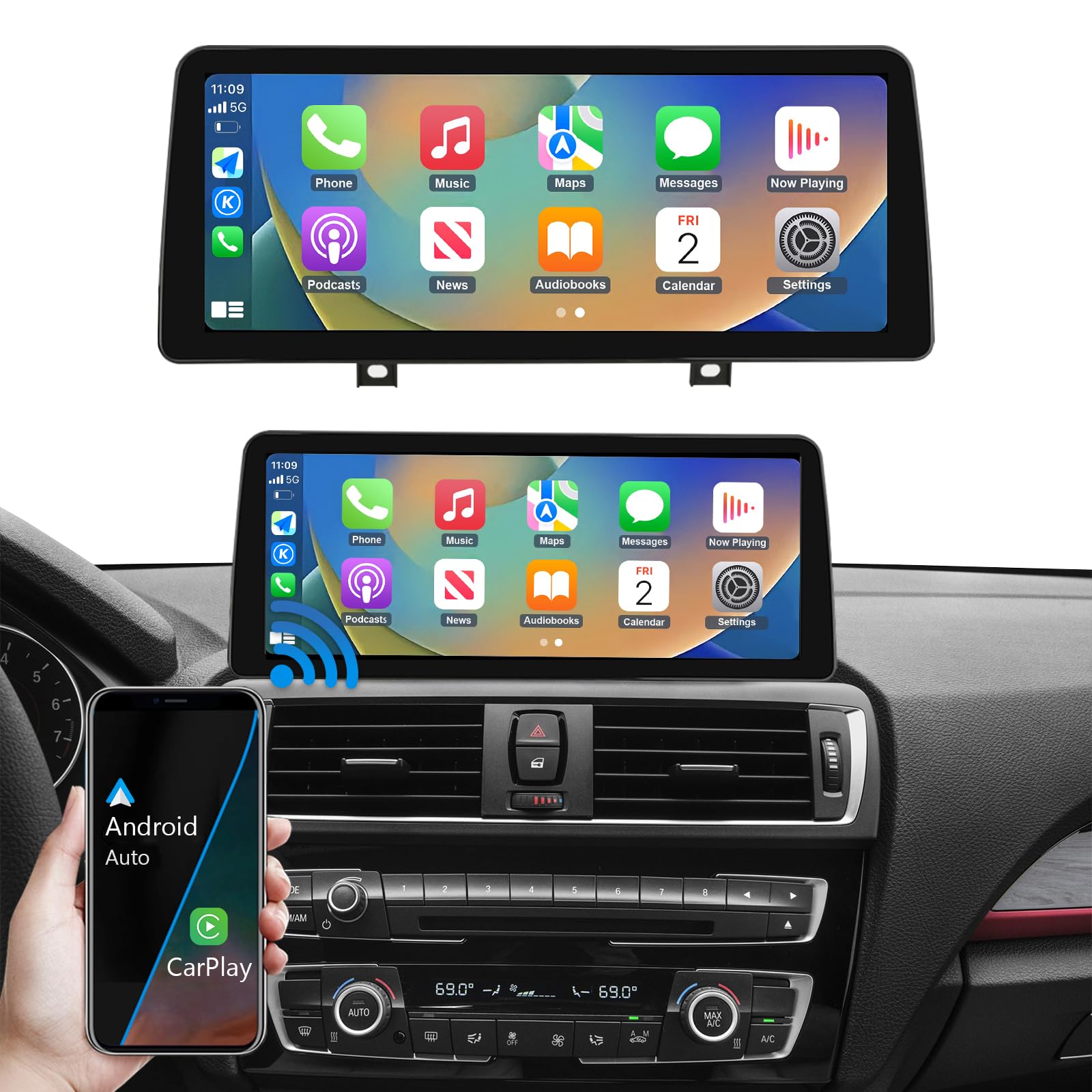 Road Top 12.3" Ultra-Narrow Touchscreen Wireless Carplay for BMW 1 & 2 Series F20/F21/F22 2013-2015 Year, Car Stereo Multimedia Radio Receiver, Support Wireless Android Auto, Mirrorlink