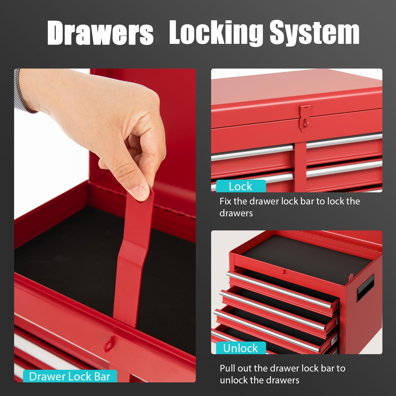 COSTWAY Large Rolling Tool Cabinet, 2-in-1 Detachable Metal Tool Chest with Drawers, Wheel, Handle, Hooks & Pegboard, Lockable Tool Box Trolley for Garage Workshop (with Middle Compartment, Black)