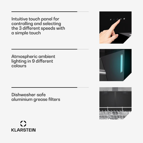 Klarstein Alina 90 Angled Cooker Hood - 600m³/h Air Flow, Touch Panel, LED Backlighting, Quiet 63dB, Energy Class A, 90cm Extractor Hood, Black