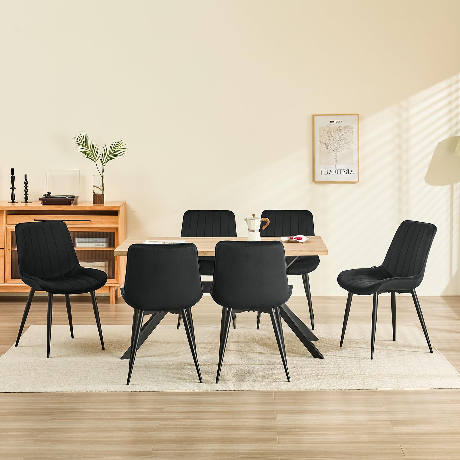 LONGTOO Set of 6 Dining Chairs with Velvet Upholstered Seat & Backrest,Stable Metal Legs,Modern Stripe Design,Champagne