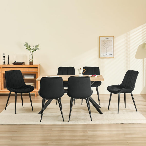 LONGTOO Set of 6 Dining Chairs with Velvet Upholstered Seat & Backrest,Stable Metal Legs,Modern Stripe Design,Champagne