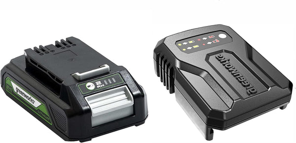 Greenworks 24V Battery and Universal Charger. Original Greenworks Battery Charger for 24V Garden and Power Tools. 2Ah Power Lithium-Ion Battery 60Mins Charge. Battery G24B2 & Charger G24UCC