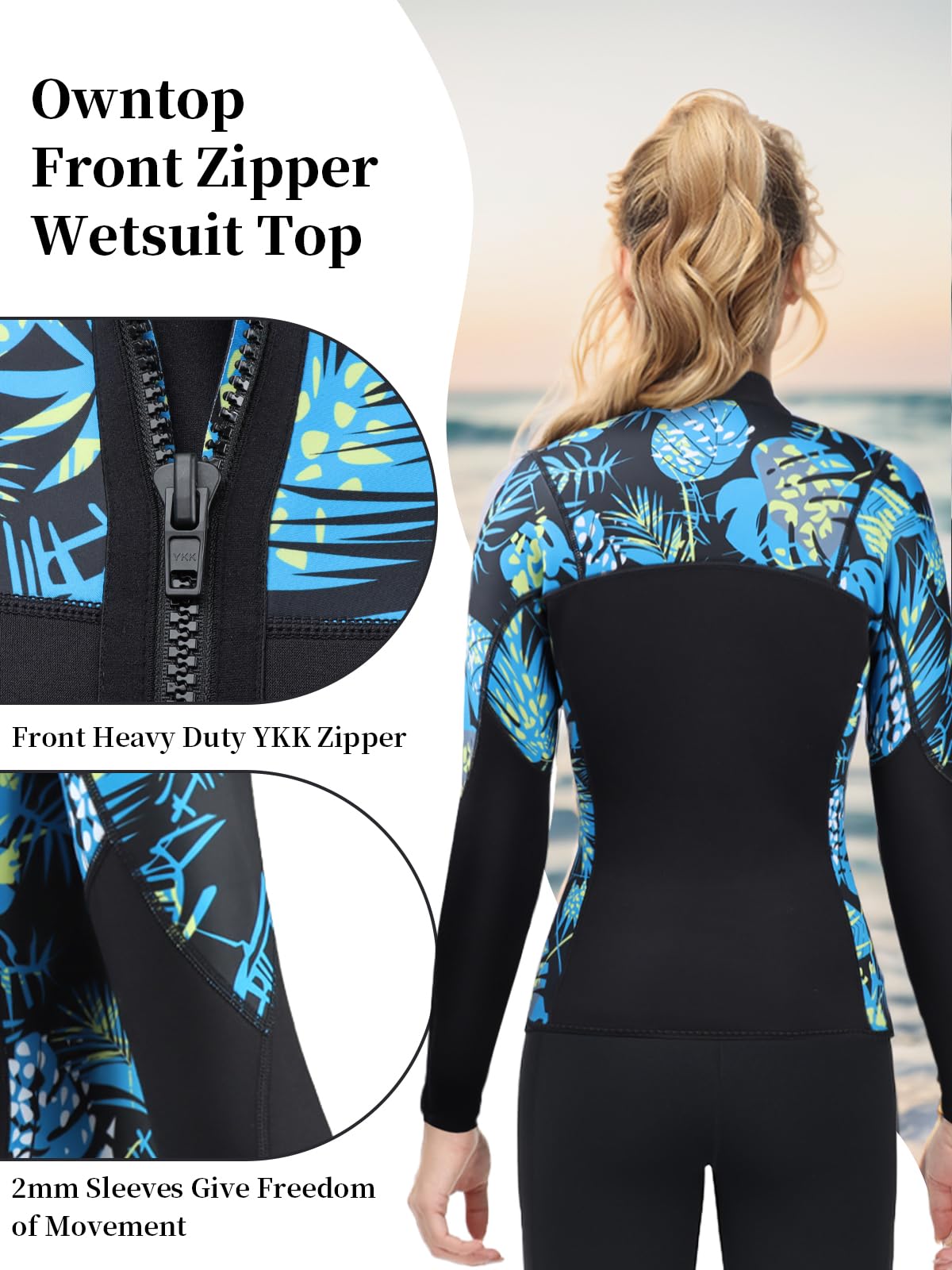Owntop 2mm Neoprene Wetsuits Jacket for Men/Women, Long Sleeve Front Zipper, Purple, Unisex-Adults, Surfing, Scuba Diving, Paddling, Swimming