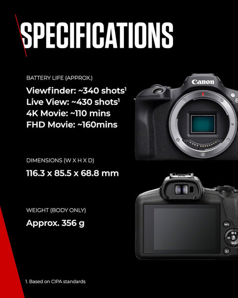 Canon EOS R100 - Compact Mirrorless Digital Camera - 24.1 MP, 4K Resolution - Dual Pixel CMOS AF, DIGIC 8 Processor - 6.5 FPS Continuous Shooting - Face & Eye Detection, Bluetooth, Wi-Fi, GPS