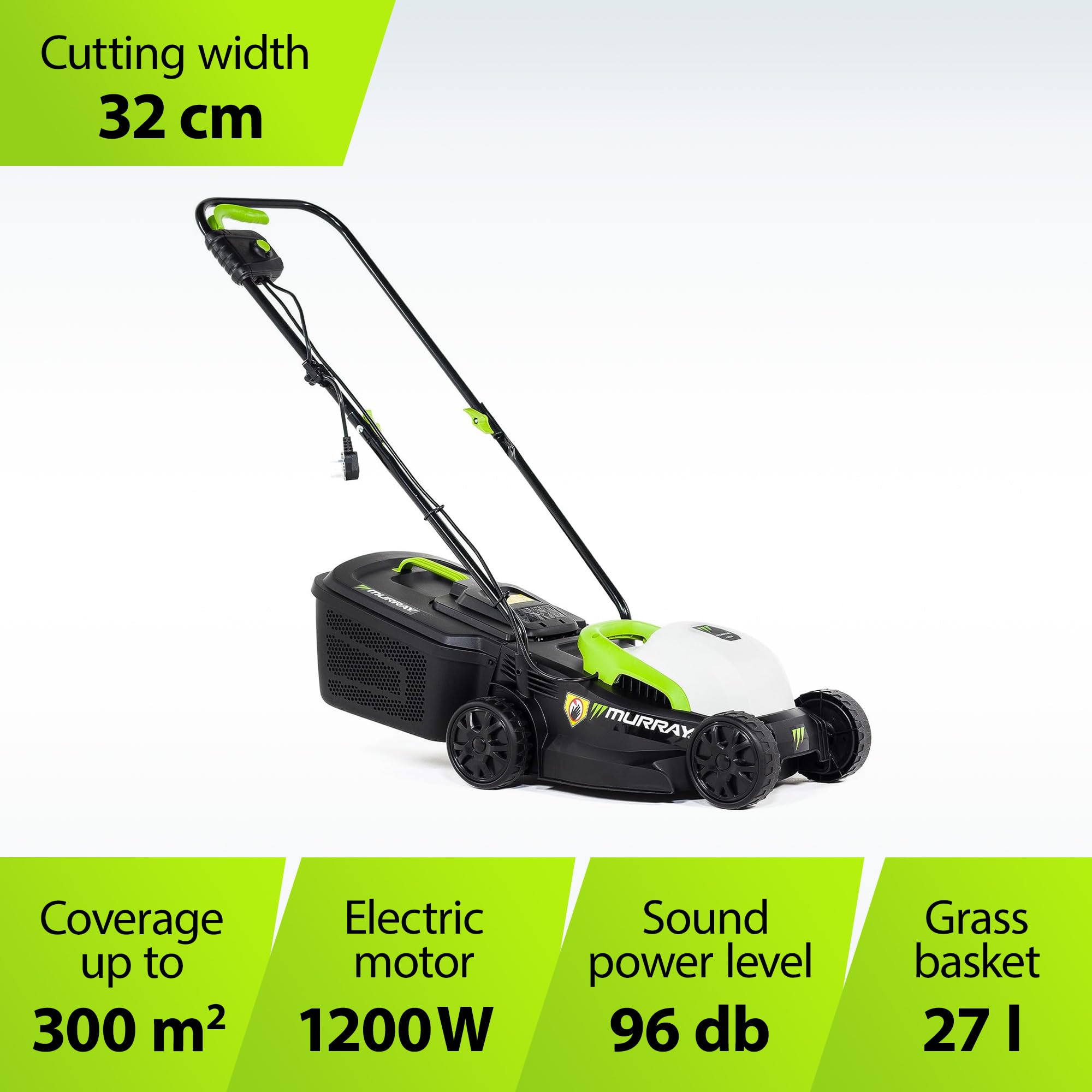 Murray Corded Electric Lawnmower 2-in-1 - Compact Lawn Mower 1200W/32cm with Grass Box 27L for Small Lawns - Ergonomic Soft Grip for Easy Grass Cutting, Overload Protection