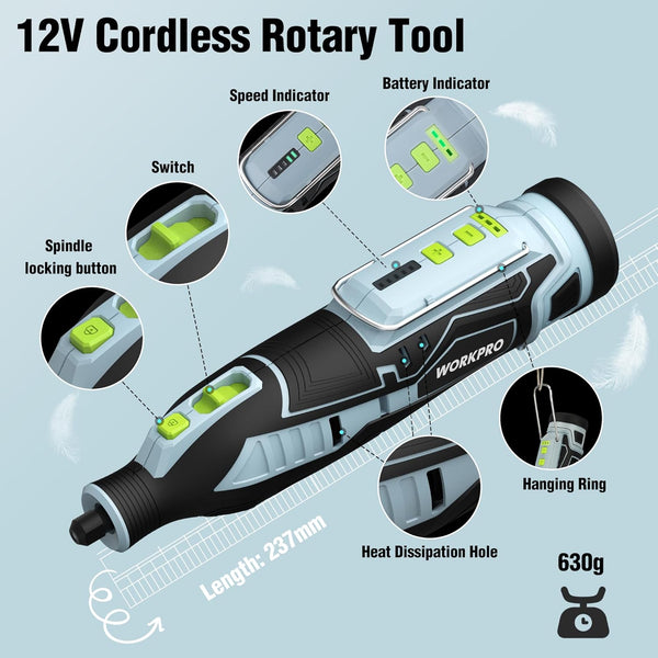 WORKPRO Cordless Rotary Tool kit 12V, Rotary Tool Set with 114 PCS Accessories, 5 Gears Variable Speed 7500-32000RPM, Powerful Engraver, Sander, Polisher, Perfect for DIY and Handmade