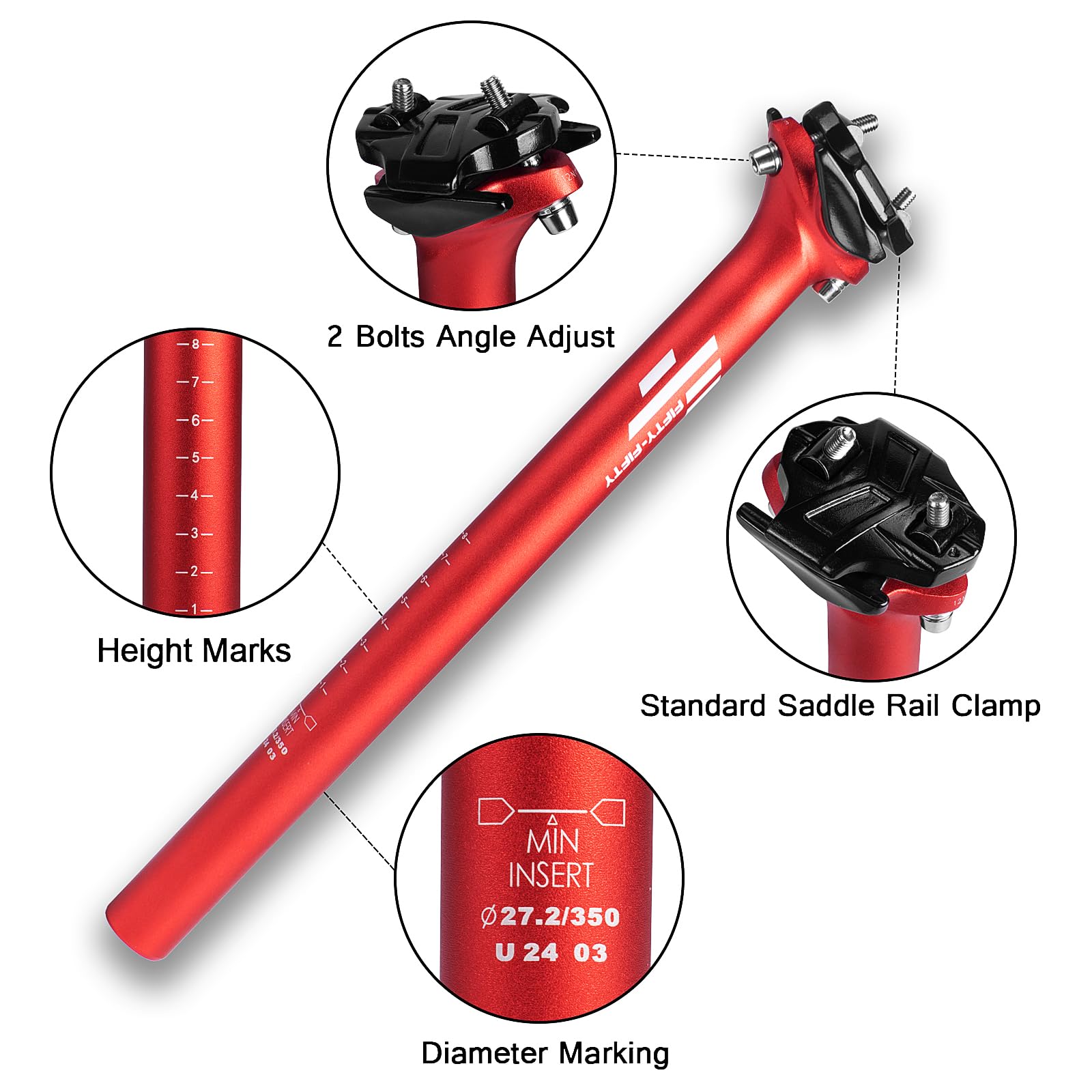 FIFTY-FIFTY Mountain Bike Seat Post, 27.2/30.9/31.6mm Aluminum Alloy Bicycle Seat Post, 350mm Length for MTB, Road Bike, E-MTB (Red, 30.9mm)