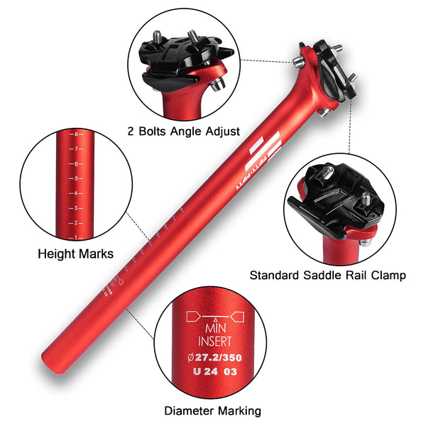 FIFTY-FIFTY Mountain Bike Seat Post, 27.2/30.9/31.6mm Aluminum Alloy Bicycle Seat Post, 350mm Length for MTB, Road Bike, E-MTB (Red, 30.9mm)