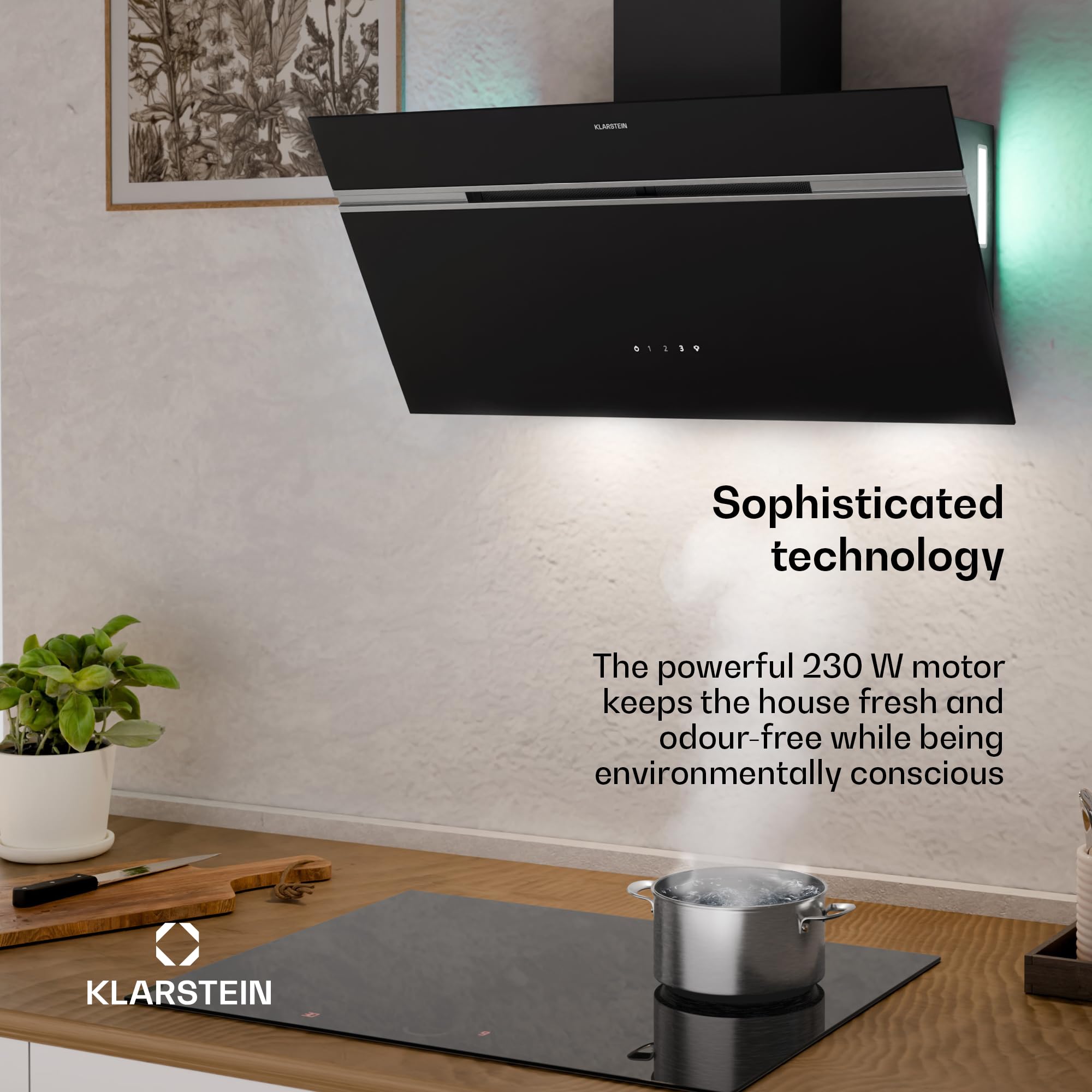 Klarstein Alina 90 Angled Cooker Hood - 600m³/h Air Flow, Touch Panel, LED Backlighting, Quiet 63dB, Energy Class A, 90cm Extractor Hood, Black