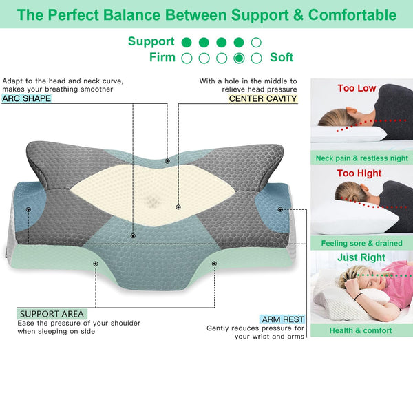 Elviros Cervical Memory Foam Pillow for Neck Pain Orthopedic Neck Pillow for Shoulder Pain Ergonomic Head Neck Support Pillow for Side/Back/Stomach