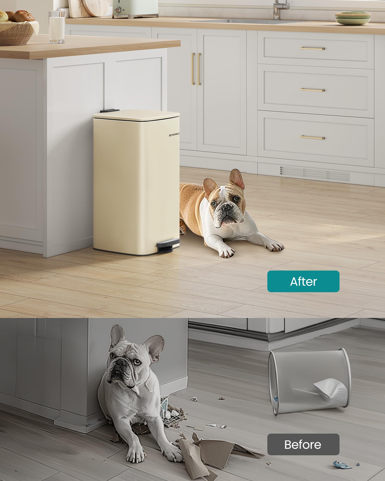 SONGMICS Kitchen Bin, 8-Gallon (30 L) Trash Bin, Steel Pedal Bin, with Inner Bucket, Soft Close and Stays Open, Metallic Silver LTB593E01