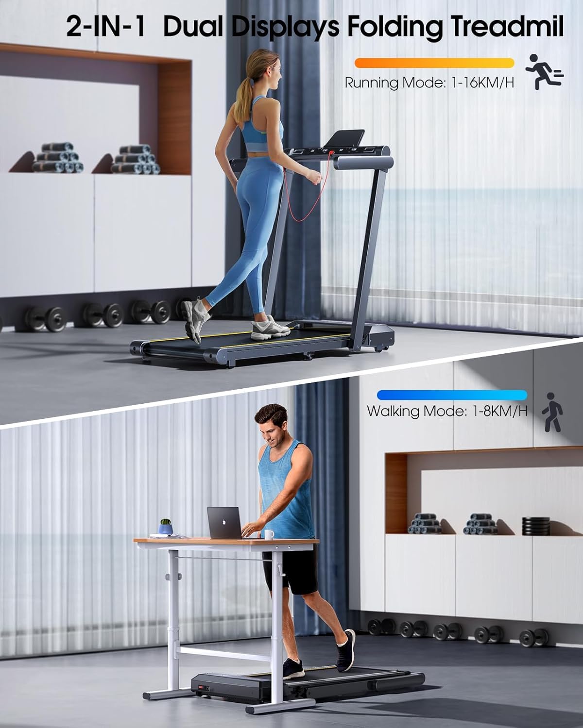 Folding Treadmill with 12% Incline, 4 in 1 Treadmills for Home/Office, Heart Rate, 16KM/H Portable Treadmill, 2.5HP Under Desk Walking Pad, Dual LED Screen, App, Bluetooth Speaker