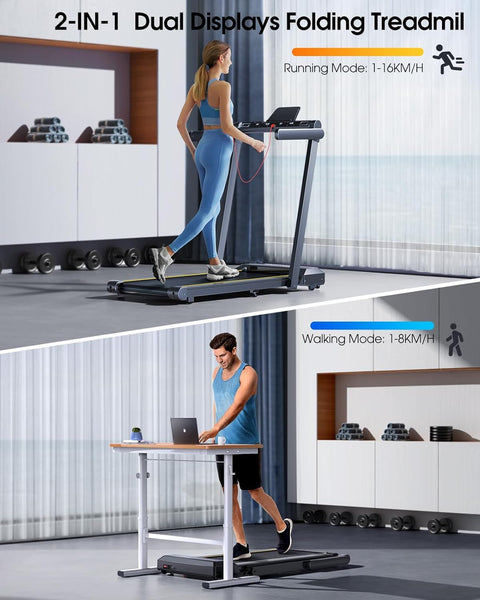 Folding Treadmill with 12% Incline, 4 in 1 Treadmills for Home/Office, Heart Rate, 16KM/H Portable Treadmill, 2.5HP Under Desk Walking Pad, Dual LED Screen, App, Bluetooth Speaker