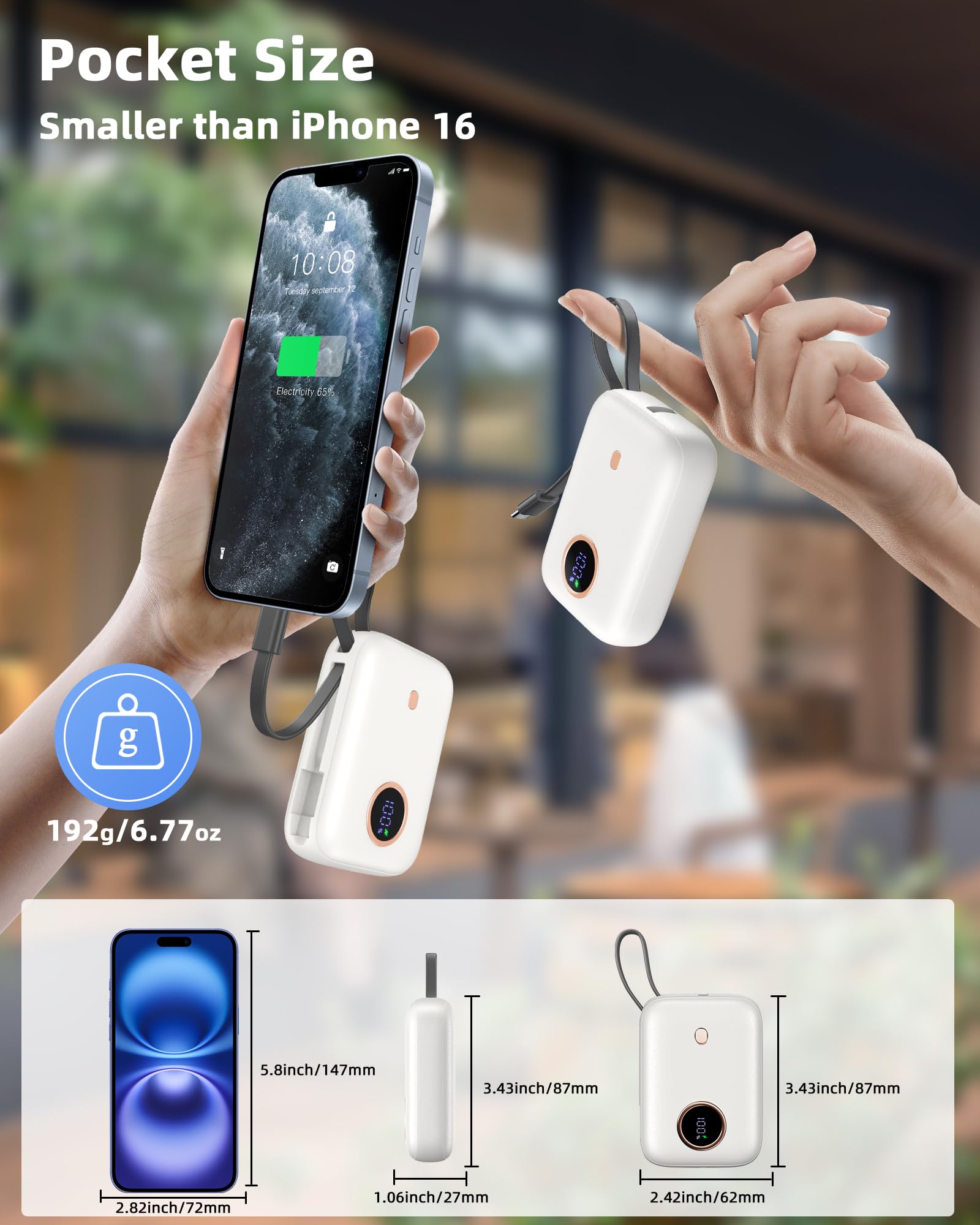 Power Bank Fast Charging 10000 mAh, 22.5W PD QC3.0 High-Speed Portable Charger, PowerBank With Built In Cable USB C, Pocket-Sized Battery Pack for iPhone 16/15, Samsung S23/S24 and More (Jet Black)