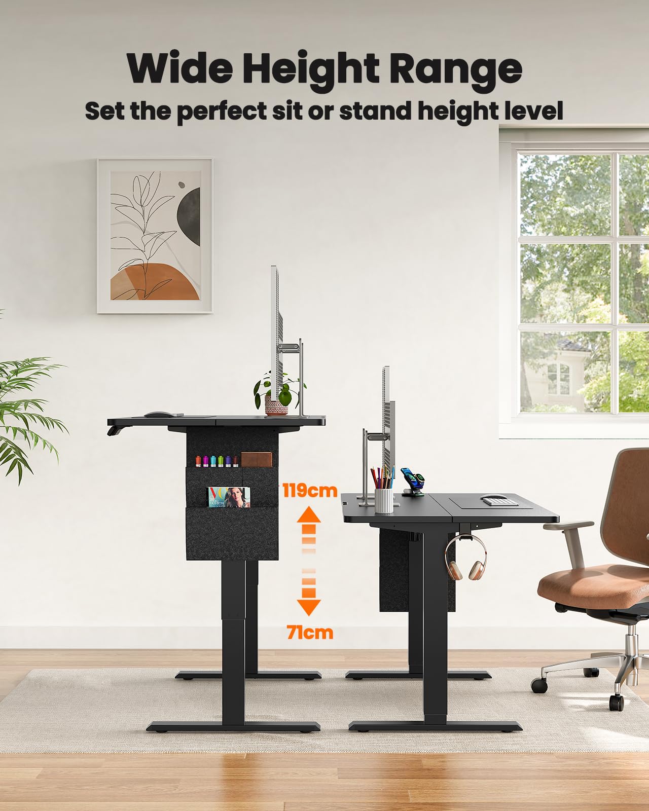 ErGear Standing Desk 100x60cm with 2-piece tabletop,Supports Up to 80KG Height Adjustable Electric Standing Desk with Storage Bag,Backpack Hook and