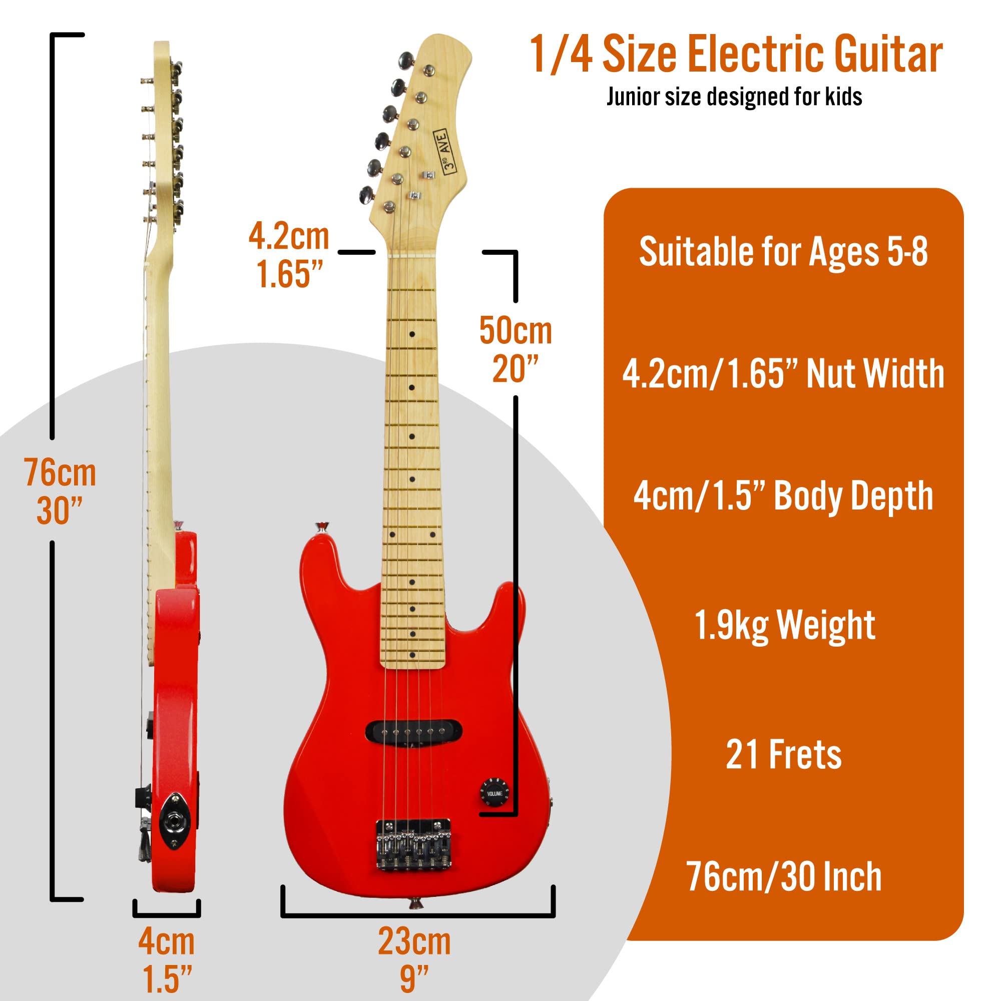 3rd Avenue 1/4 Size Kids Electric Guitar Pack for Junior Beginners - 6 Months FREE Lessons, 5W Portable Amp, Cable, Bag, Picks and Strap - Red
