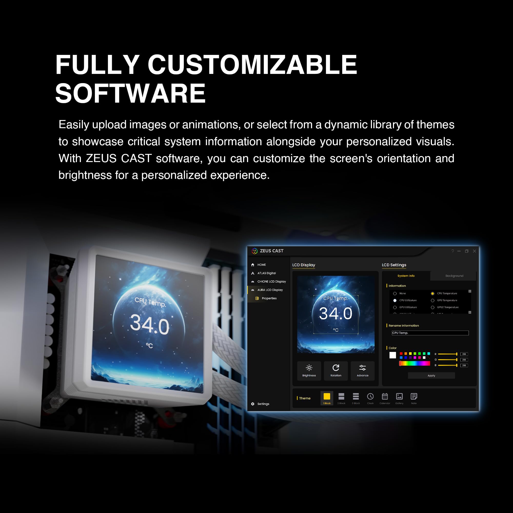 GAMDIAS AURA GL240 LCD 240mm AIO Liquid CPU Cooler, Customizable 4'' IPS LCD Display, Cableless Daisy Chained Fan, Software Ready, Support Low-Noise PWM & ARGB Sync, Intel LGA 1851/1700；AMD AM5, Black