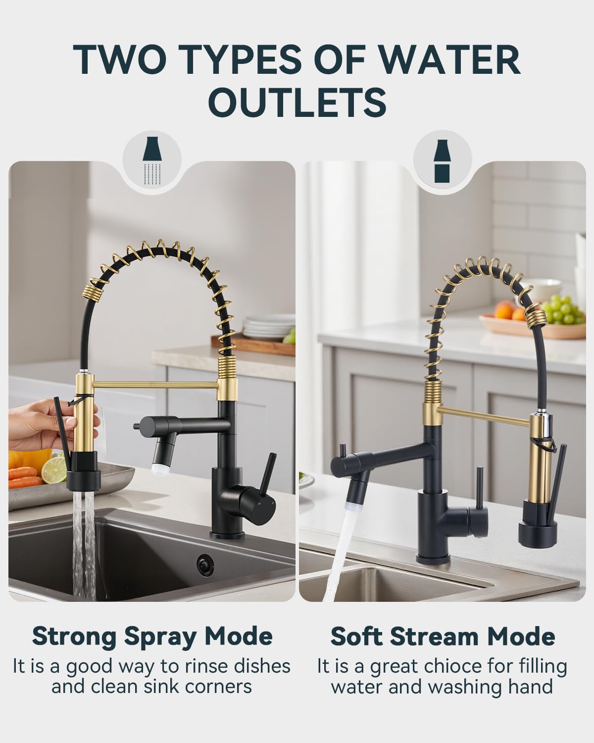 Warmiehomy 5 Modes Kitchen Taps Mixer with Pull Out Spray,High Arc 360° Swivel Dual Spout Pull Down Stainless Steel Kitchen Sink Taps,Brushed Nickel