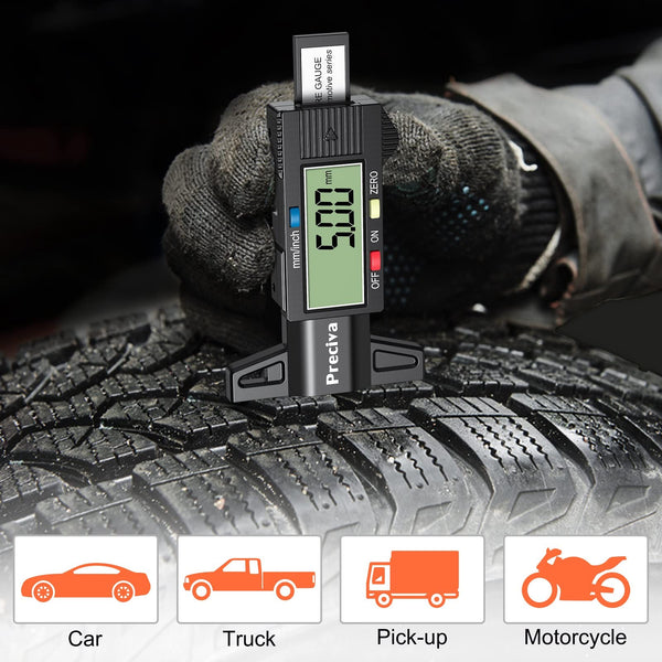 Tyre Tread Depth Gauge, Preciva Silver 0-25.4mm/Inch Digital Tire Checker UK, Tyres Depths Measuring Tool with Large LCD Screen for Cars, Trucks, Vans