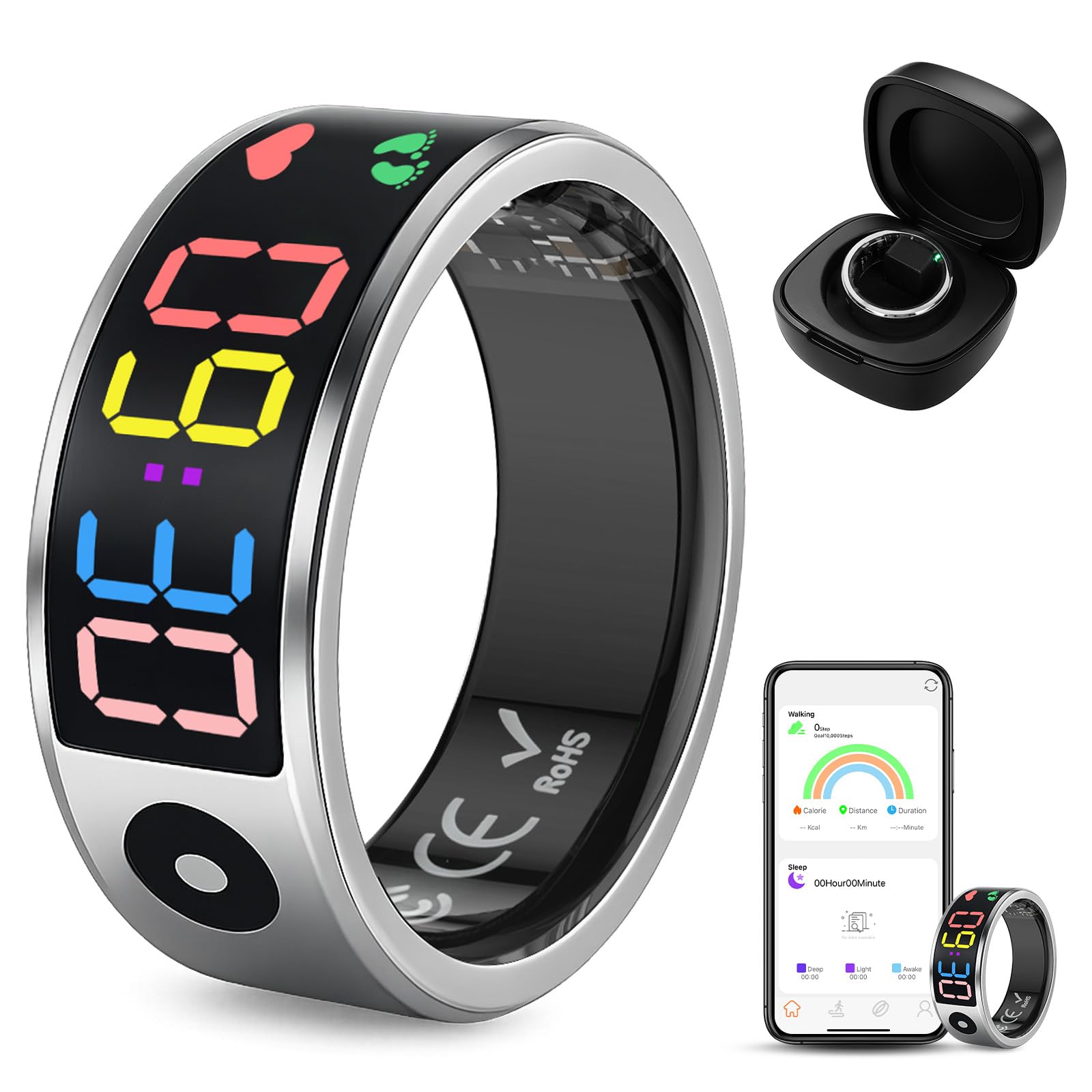 Smart Ring for Men Women, Sleep & Heart Rate Monitor Health Ring, Fitness Ring Heart Rate Blood Oxygen Sleep Monitor Step Counter Activity Tracker for Android iOS with Charging Case (#12-Y)