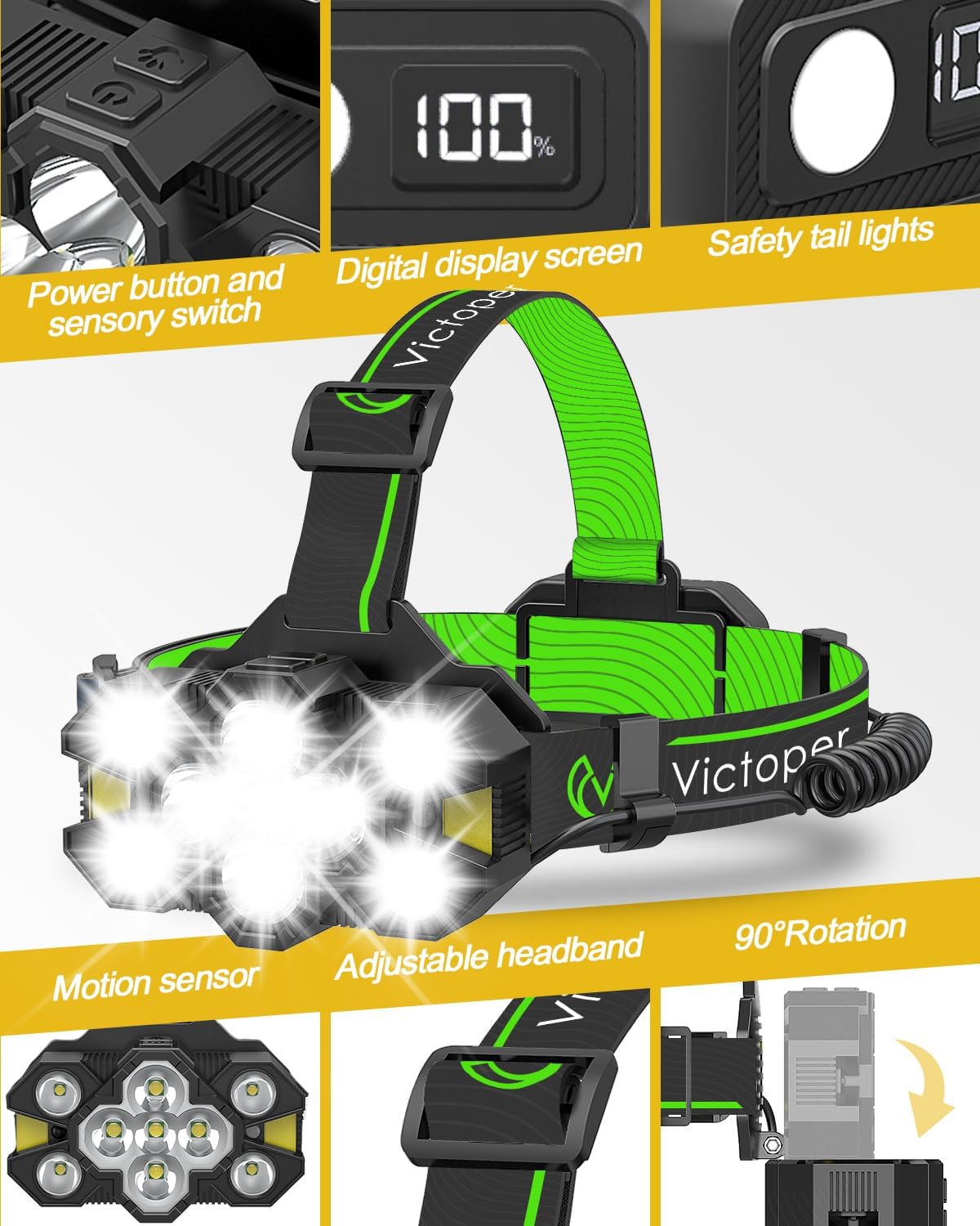 Victoper Head Torch Rechargeable v10000 Upgraded 22000 Lumen Torches LED Super Bright Headlight 10 LEDs Modes Hands-Free Flashlight for Camping Fishing Cycling Hiking Waterproof, Black