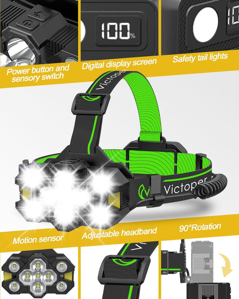 Victoper Head Torch Rechargeable v10000 Upgraded 22000 Lumen Torches LED Super Bright Headlight 10 LEDs Modes Hands-Free Flashlight for Camping Fishing Cycling Hiking Waterproof, Black