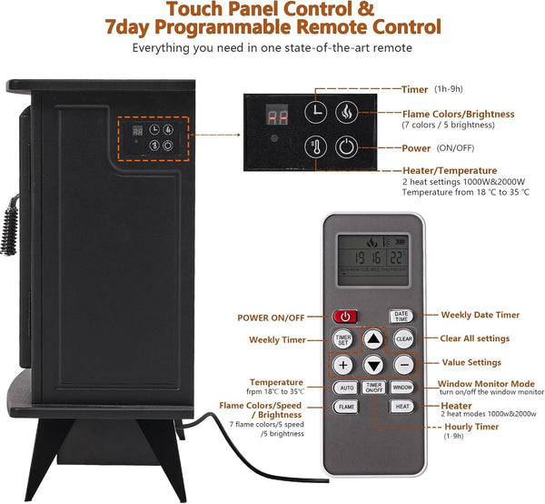 Wrmiehomy Electric Fire and Surround Frame & Chimney, Log Effect Electric Fireplace with 7 Day Programmable Remote Control 7 Flame Colours, 1&2kW Heat Output, Adjustable Temperature, Timer