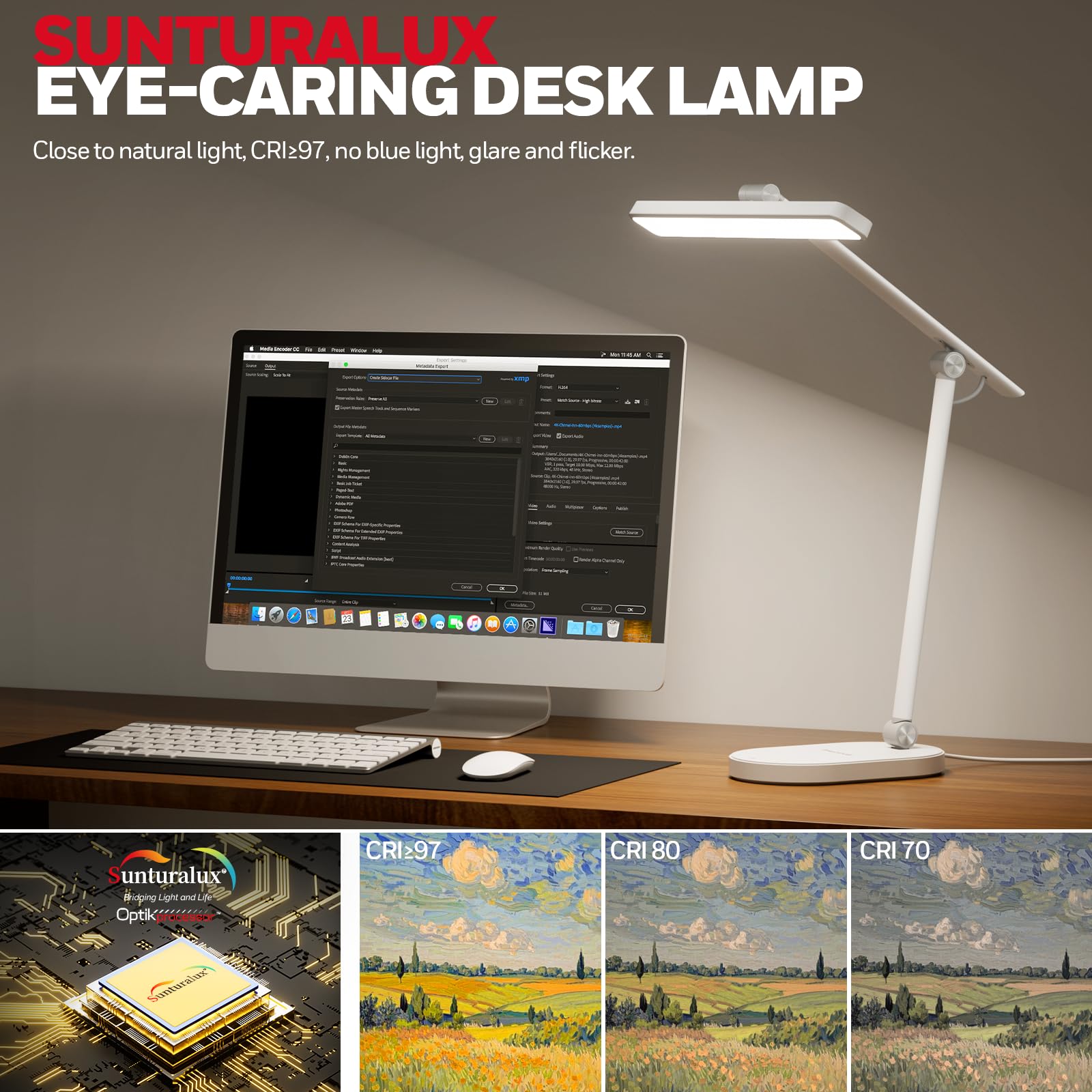 Honeywell LED Desk Lamp for Home Office - H4 Sunturalux™ Eye-Caring Desk Light, 14W Dimmable Table Lamp with 3 Color Modes, 5 Brightness Levels, Auto-Dimming, Timer, Touch Control Reading Lamp, White